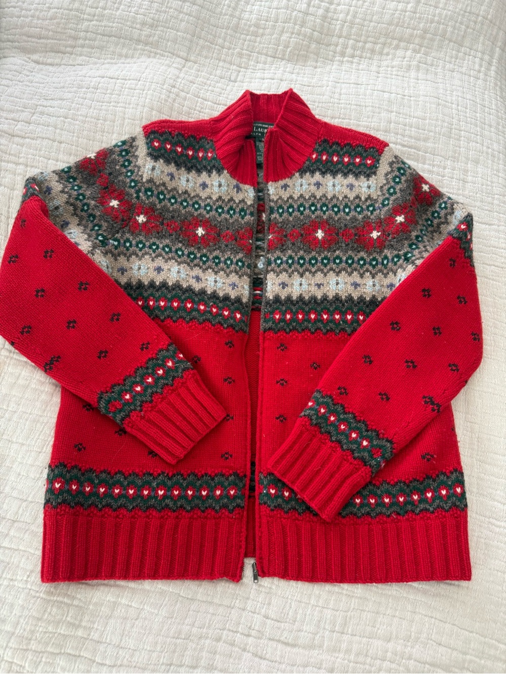 Ralph Lauren Red Wool Patterned Zip-Front Sweater Holiday EUC 1331